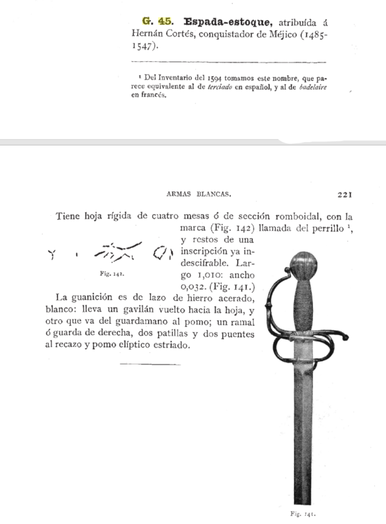 Catalogue information for the sword attributed to Hernan Cortes.
