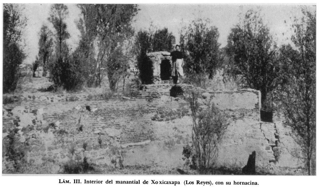 Photo of of the Xoxicaxapa Spring and ruins. From The Spring and the Aqueduct of Acuecuexco, by Cesar Lizardi Ramos.