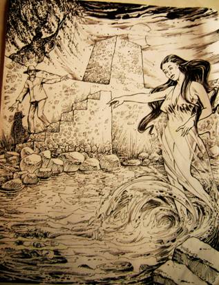 A man makes his way down winding steps toward the pool as La Malinche  is seen emerging from the Enchanted Pool of Xancopina to drown a treasure seeker. Source unknown.
