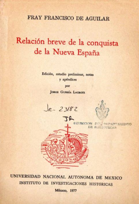 Cover page Aguilar's Relacion Breve de l conquista de la Nueva Espana.